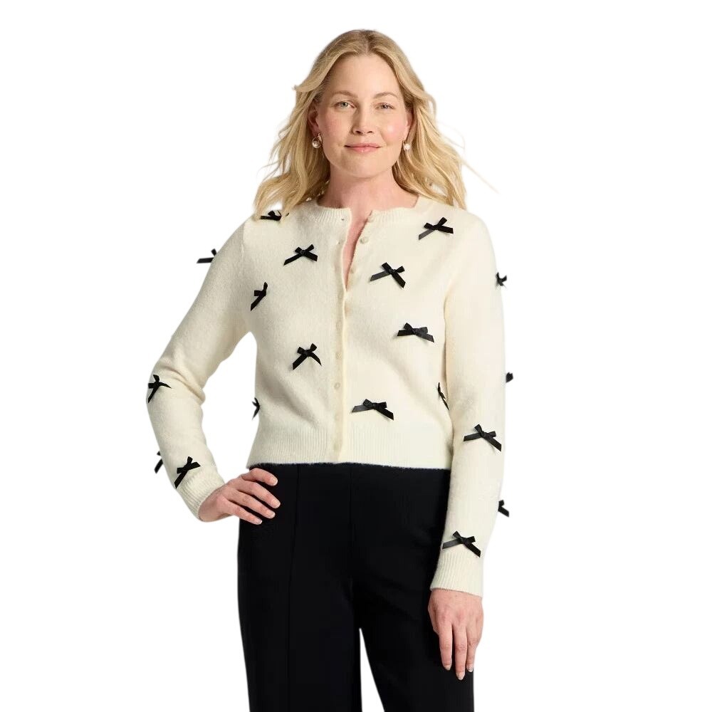 A New Day Women's Cream Bow Accent Button Front Cardigan Sweater Size XXL